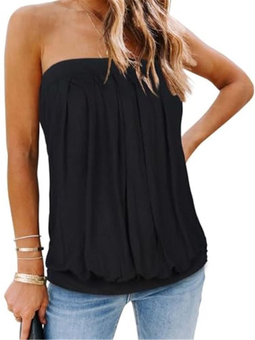 Black Strapless Tube Top Blouse Loose Fit Bandeau Tunic Summer Top